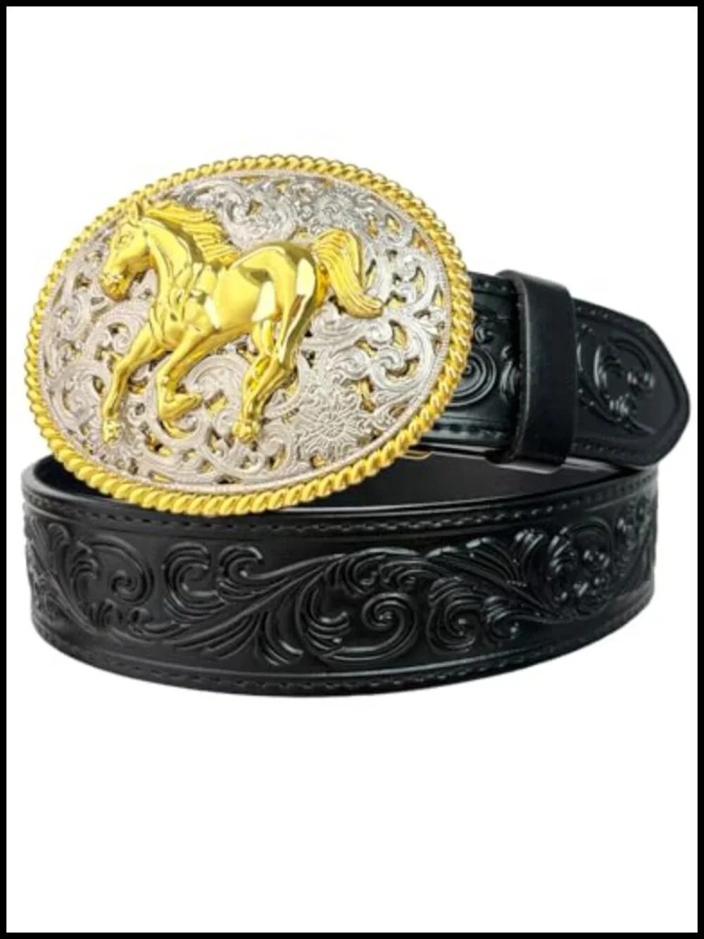 Genuine Leather Cowboy Belt with Horse Head Buckle, Western Rodeo Belt for Men